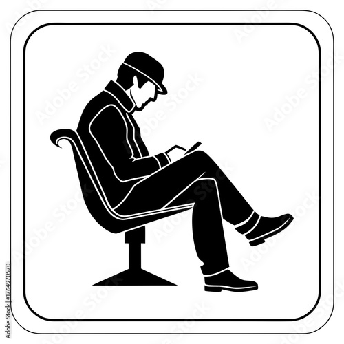 Man in bowler hat sitting on chair and using tablet