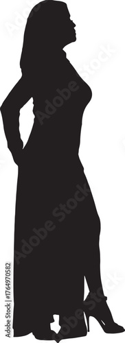 vector, silhouette of sensual woman standing posing in long dress