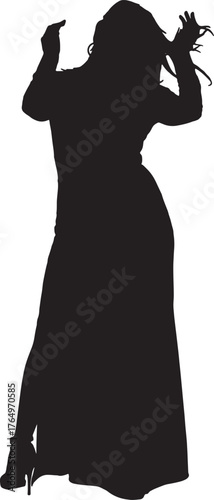 vector,silhouette of back view of sensual woman standing posing in long dress,  touching her  hair