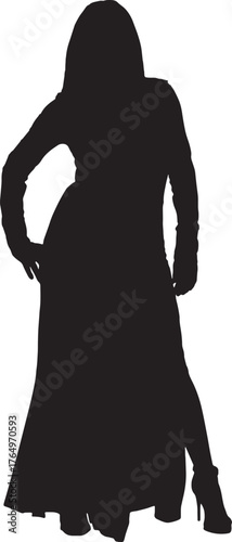vector,silhouette of front view of sensual woman standing posing in long dress
