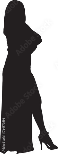 vector,silhouette of  side view of sensual woman standing posing in long dress, arms crossed and looking at camera
