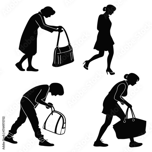 Silhouette of woman carrying heavy bag