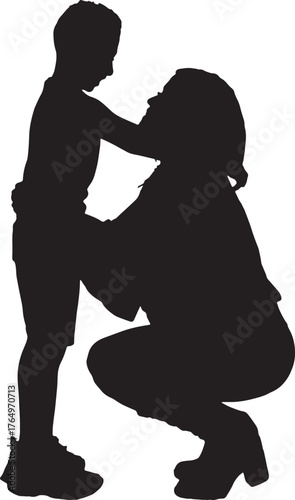 vector, silhouette of  mother who looks her son in the eye and is about to hug him