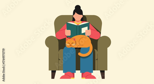 Illustration of woman reading a book with a cat on her lap in a cozy armchair