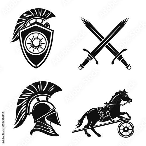Spartan warrior set with chariot, helmet, shield, sword