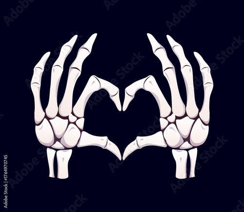 Two white Halloween skeleton vector hands forming a heart shape gesture with curved finger bones. Scary greeting card, Halloween sticker or tattoo, horror theme gesture, symbolizing love and unity
