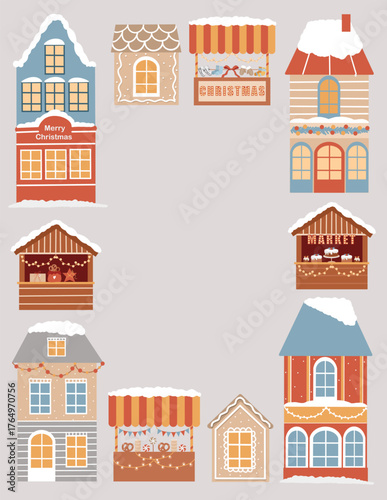 New Years card template with space for text. A Christmas rectangular frame. Vector flat illustration of hand-drawn winter houses, Christmas market stalls and tents, and gingerbread houses on a light
