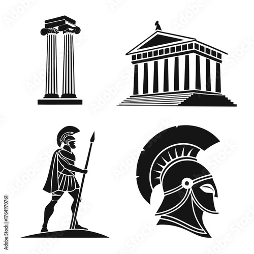 Ancient greek architecture and spartan warrior