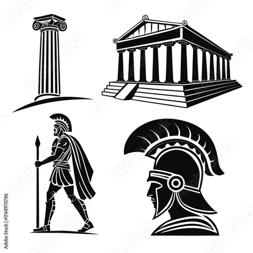 Ancient greek architecture and warrior icons