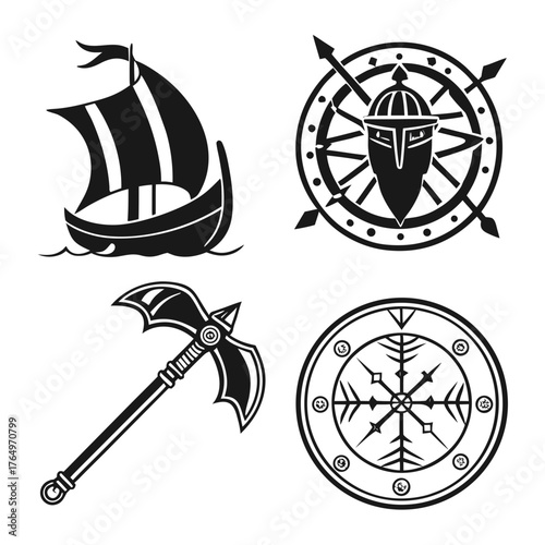 Viking civilization icons, ship, compass, axe, shield