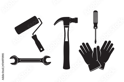 Black Silhouette Tools Icons on White Background Vector Set