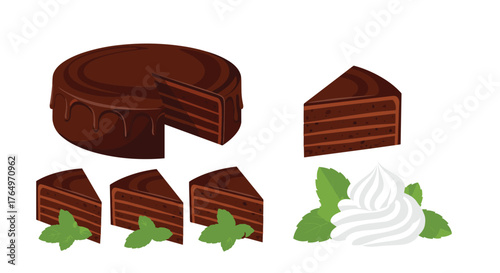 Delicious Chocolate Cake with Mint and Whipped Cream.