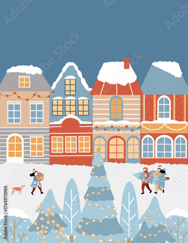New Years card template with space for inscription. Vector flat illustration of a winter city scene. Hand-drawn houses, Christmas trees, and festive people with gifts. Retro-style postcard, invitation