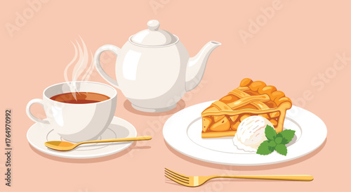 Tea Time Treat - Apple Pie, Tea, and Teapot Still Life.