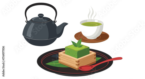 Japanese Tea Ceremony with Matcha Dessert and Teapot.