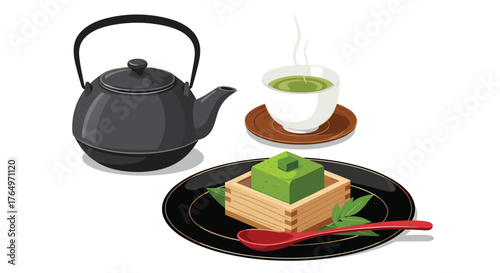Japanese Tea Ceremony with Matcha Dessert and Teapot.