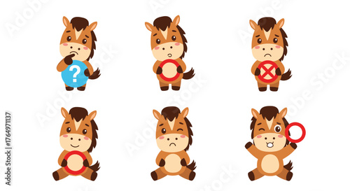 Cute Horse Cartoon Character with Different Expressions and Symbols.