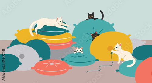 Illustration of playful cats and kittens lounging on colorful cushions in whimsical cartoon scene