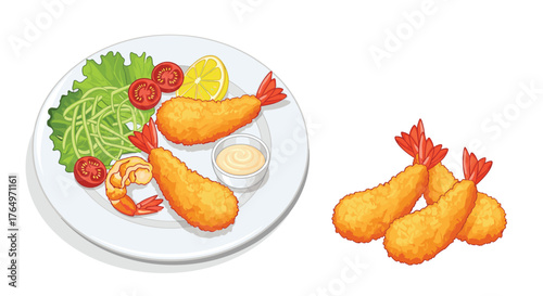 Delicious Fried Shrimp Tempura with Salad and Dipping Sauce.