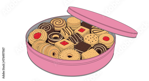 Assorted Cookies in a Pink Tin Container.