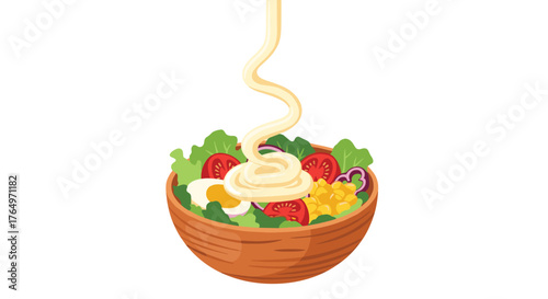 Salad Bowl with Dressing Pouring Over It.