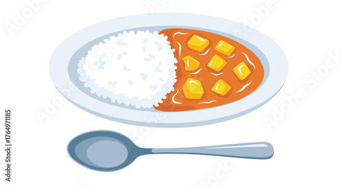 Delicious Curry Rice Plate with Spoon Illustration.