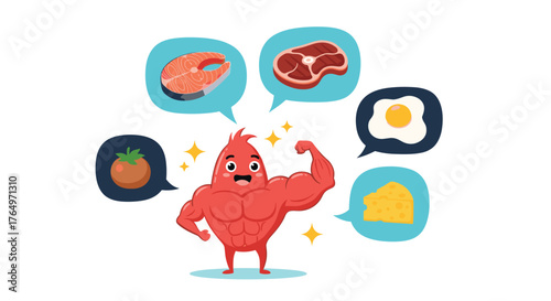 Protein Power - Cartoon Character with Protein-Rich Food Choices.