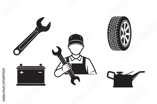 Monochrome Automotive Service Icons with Mechanic, Tools, Battery, Tire, Oil