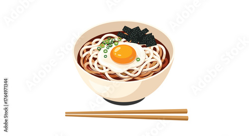 Bowl of Udon Noodles with Egg and Seaweed Topping.
