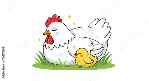 Hen and Chick Cartoon Illustration on Grass.