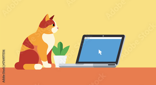 Illustration of orange cat sitting next to open laptop with plant on wooden table, flat design