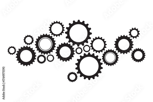 Black and White Vector Gears Illustration with Interlocking Cogwheel Design