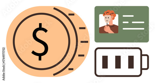 Large dollar coin, ID card with portrait and text, battery icon indicating charge. Ideal for personal finance, identification, resource management, savings, productivity, balance and efficiency