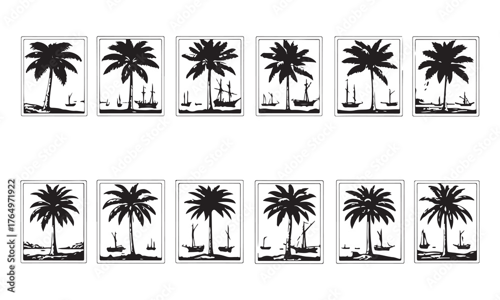 Fototapeta premium palm trees on the beach engraving outline vector art illustration design, palm tree silhouette, hand drawn beach drawing, line art palm tree, sea, beach, summer view, vintage palm tree on sea beach se