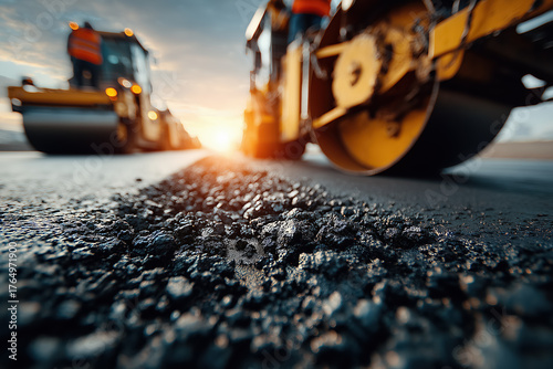 Close-up of road construction surface with heavy machinery at sunset