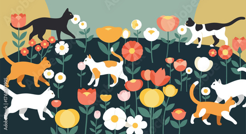 Illustration of playful cats in colorful garden with flowers and butterflies, flat design illustration