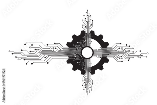 Black and White Abstract Technology Gear with Circuitry Lines Design