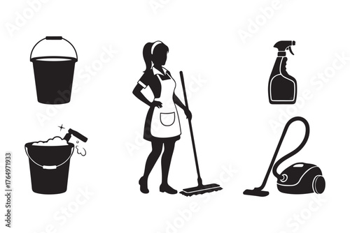 Black Silhouette Icons of Housekeeping Tools and Professional Cleaner Set