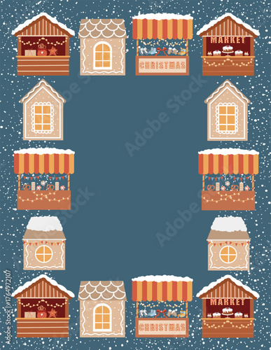 New Years card template with space for text. Christmas rectangular frame. Vector flat illustration of hand-drawn Christmas market stalls and tents, gingerbread houses, and snow on a dark background