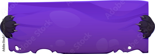 Cartoon Halloween banners with monster hands. Banner with ragged purple fabric and sharp black claws tearing through the sides. Spooky Halloween night vector template for messages, eerie party invites