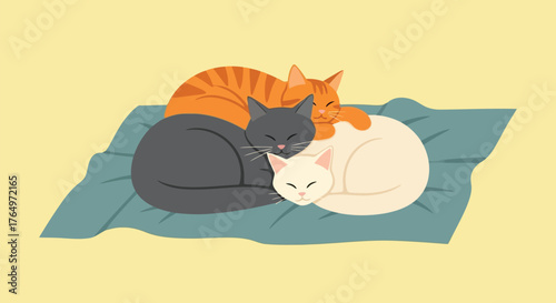 Illustration of two cats cuddling together on a blue blanket in a peaceful sleep