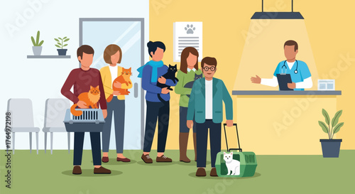 Illustration of group of people with pets waiting in a veterinary clinic reception area for appointment