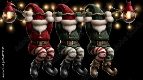 Three little elves hanging from a Christmas garland