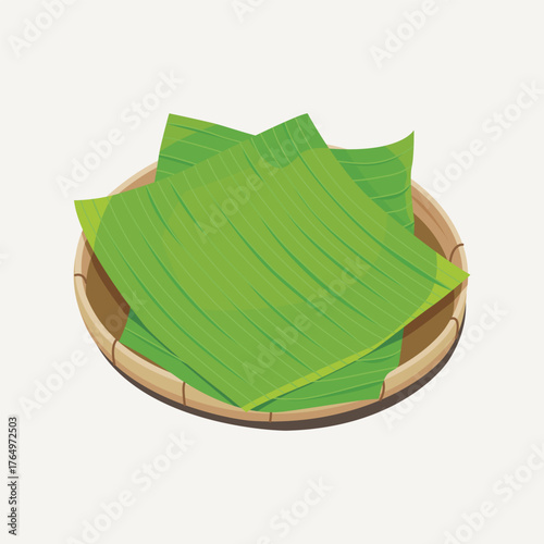 Vector illustration of banana leaves on bamboo plate 