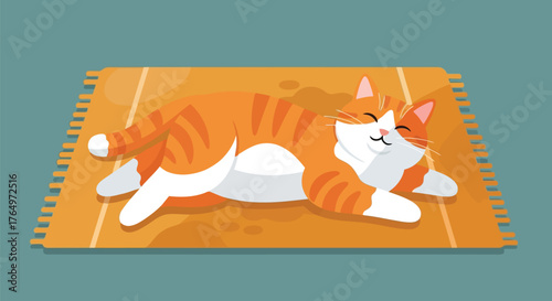 Illustration of playful orange and white cat sleeping peacefully on woven mat with eyes closed