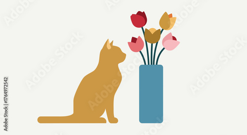 Illustration of curious cat sniffing colorful flowers in blue vase, flat design illustration
