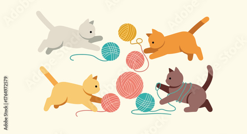 Illustration of playful kittens with colorful yarn balls