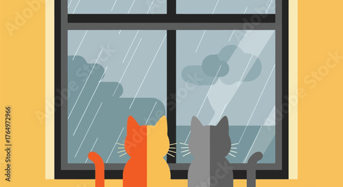Illustration of two cats watching rain through window on a cloudy day