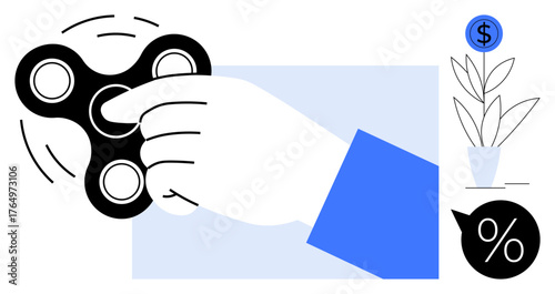 Hand spinning fidget spinner as symbols of finance including a dollar sign, a percentage bubble, and a potted plant, blending playfulness and money themes. Ideal for creativity, focus, finance