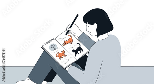 Illustration of young woman drawing cats and dogs in sketchbook with brush pen